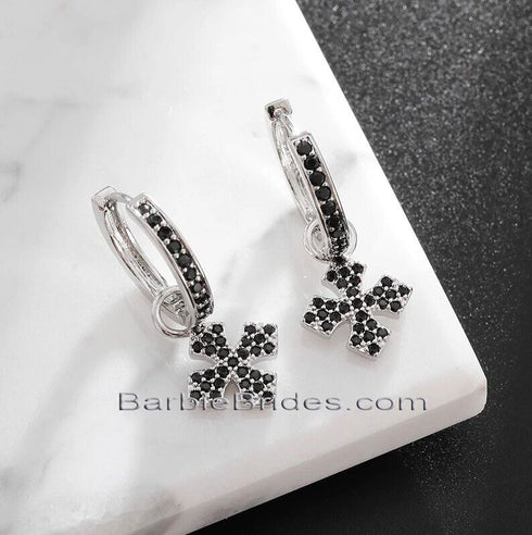 Paved 14K White Gold Plated Black Cubic Zirconia Men Women Cross Dangle Earrings